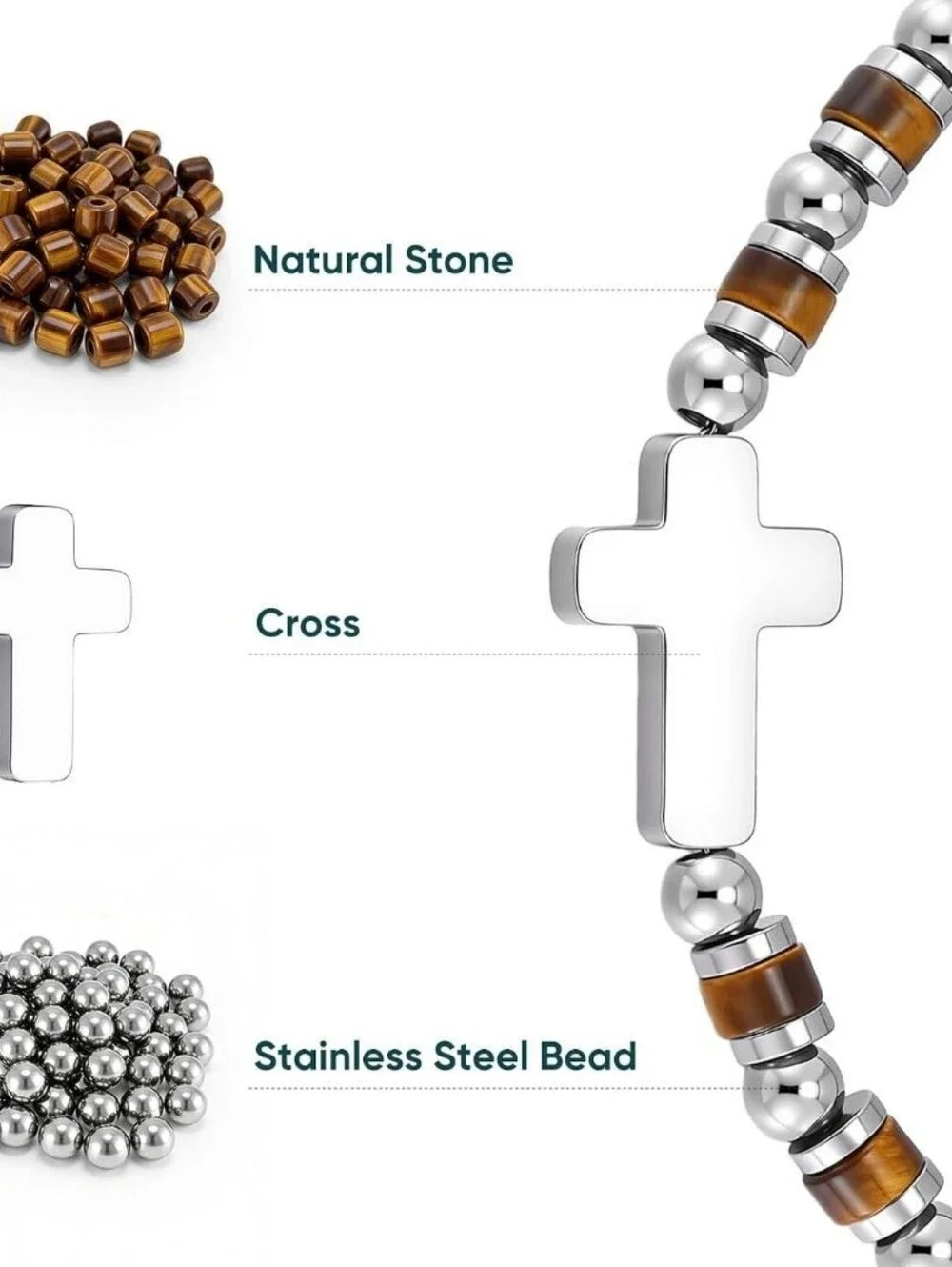 Tiger Eye Beaded Bracelet with Stainless Steel Cross